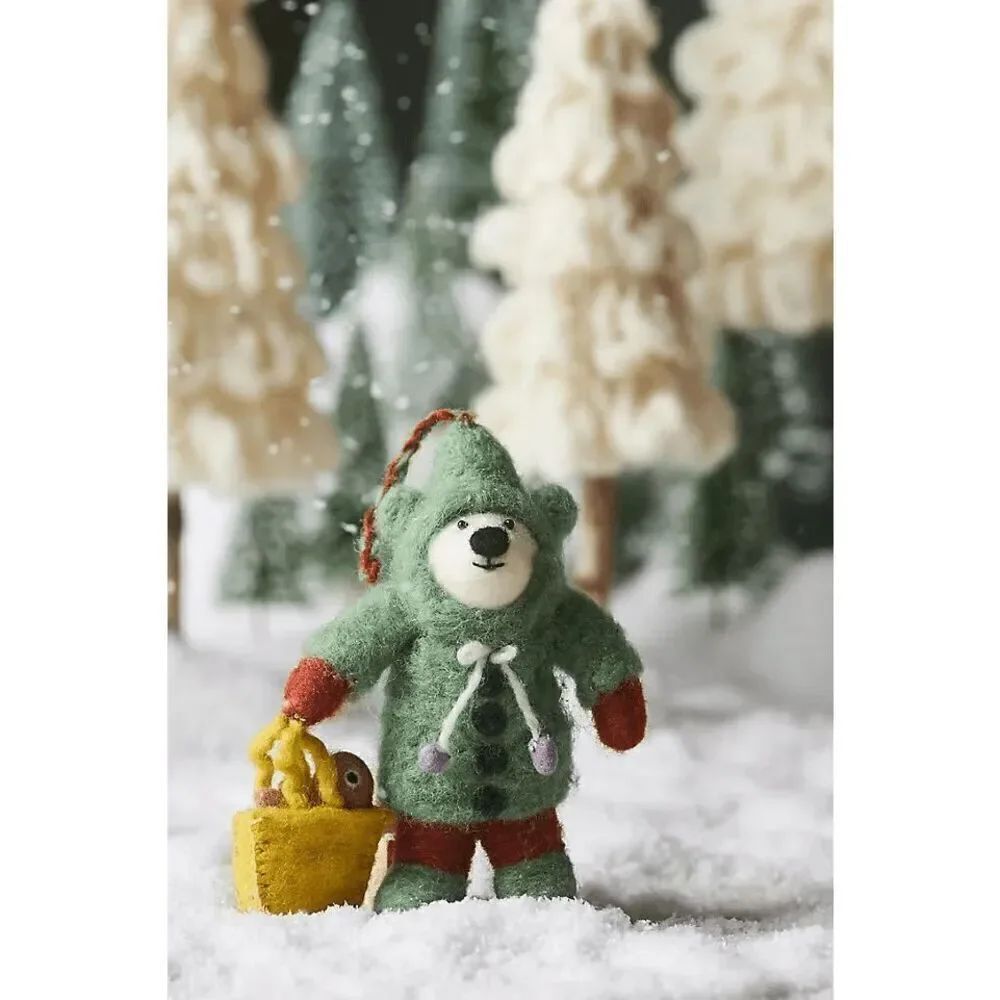 Anthropologie Handmade Felt Bear Ornament Fishing Green Cozy NEW